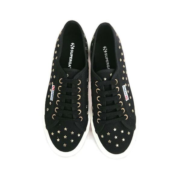 Superga Women's Black Canvas Gold Star Studs Low Top Sneakers Size 40 - Picture 2 of 8